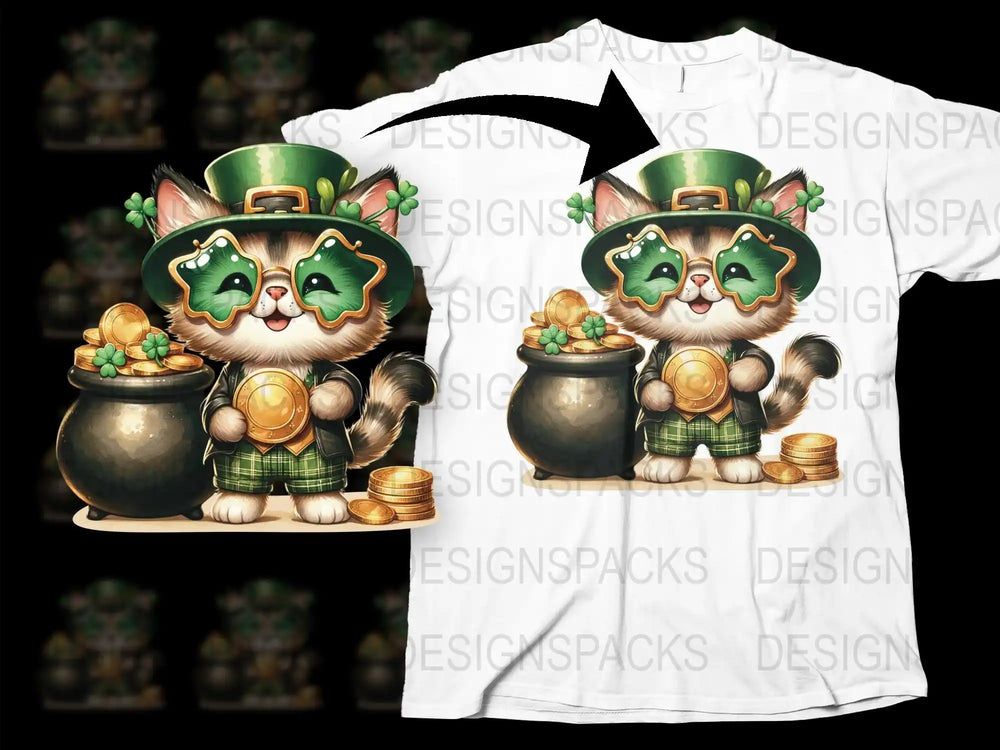 Cute St. Patrick's Day cat in green hat and shamrock glasses with gold coins and pot of gold design