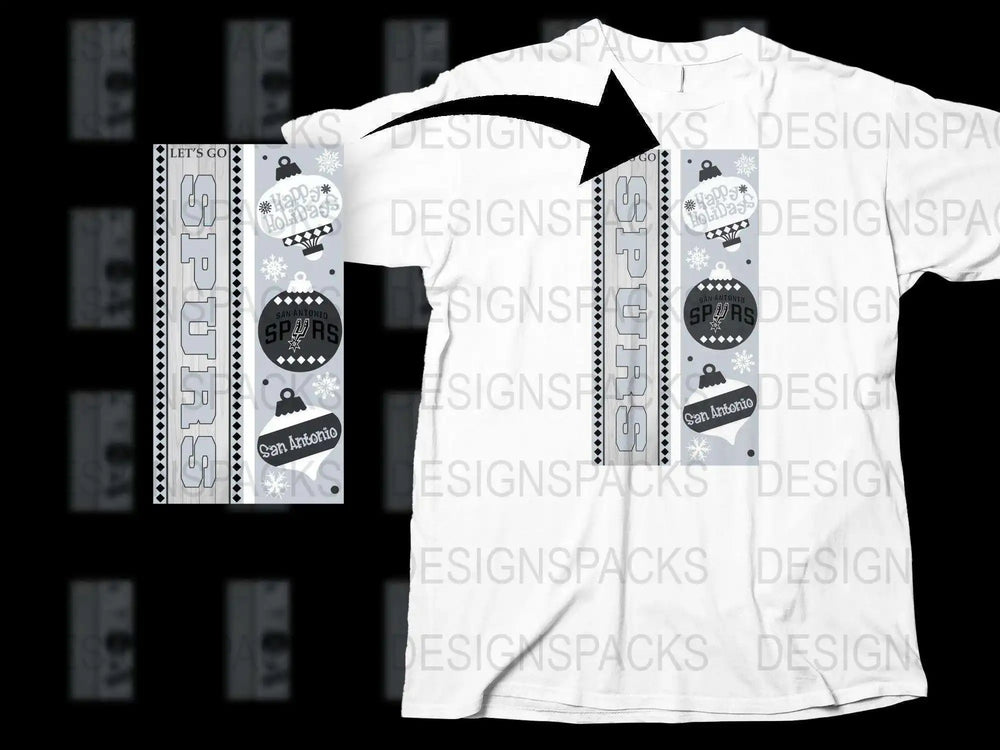 San Antonio Spurs holiday t-shirt design with ornaments, snowflakes, and 'Let's Go Spurs' text for DTG/DTF printing