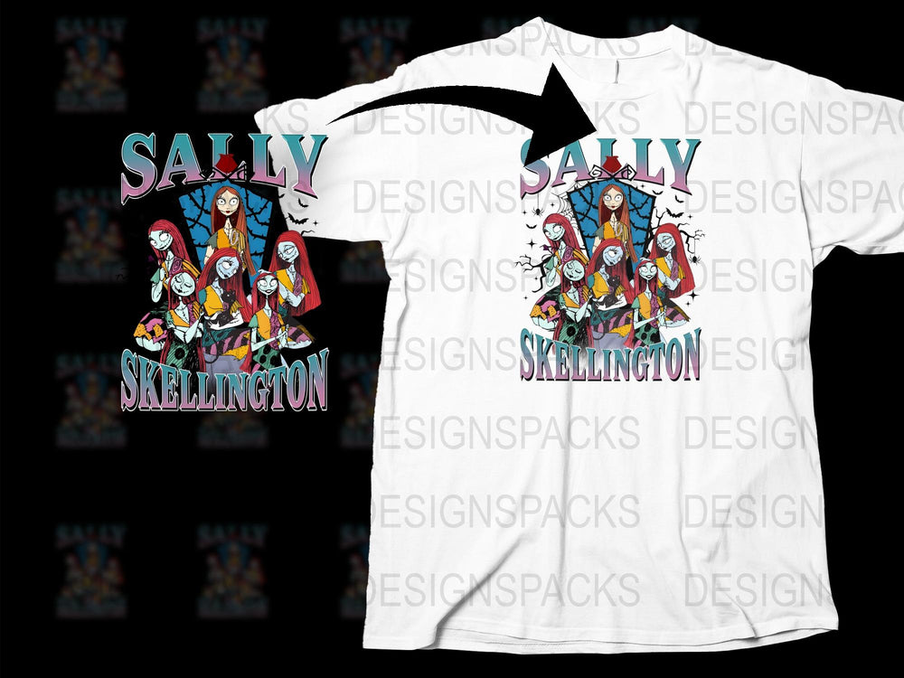Sally Skellington Graphic T-Shirt, Colorful Tim Burton Inspired Design, Halloween Casual Wear, Unisex Fashion Tee