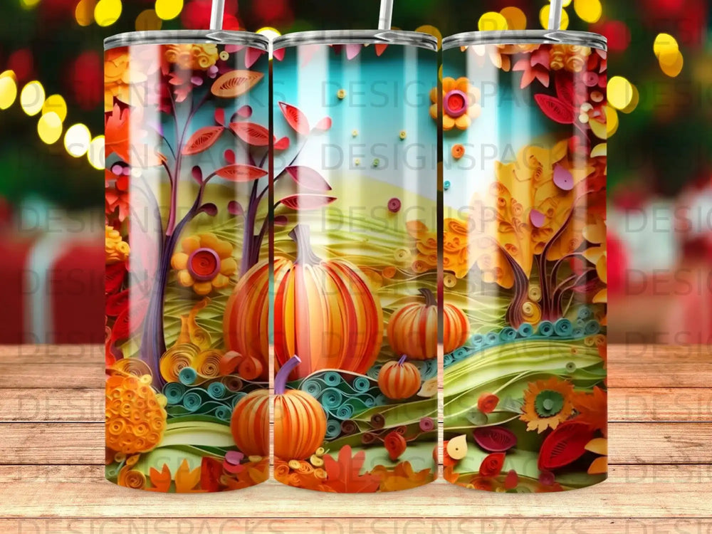 Autumn landscape with pumpkins, swirling leaves, and decorative trees.