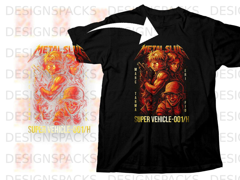 Black t-shirt with "Metal Slug" characters and "Super Vehicle-001/H" text.