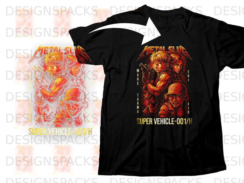 Black t-shirt with "Metal Slug" characters and "Super Vehicle-001/H" text.