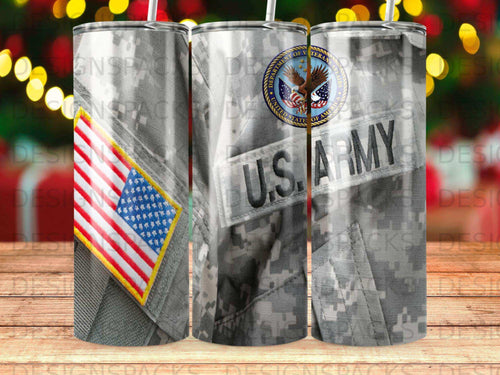 U.S. Army logo and American flag on camouflage background.