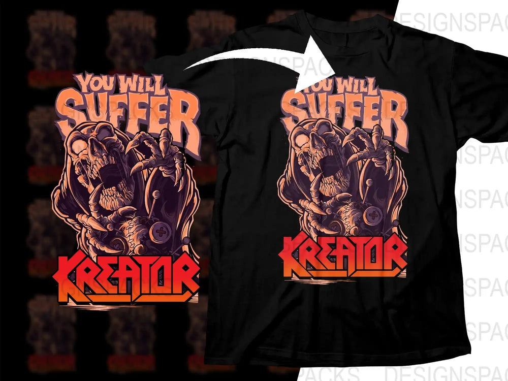 You Will Suffer Kreator band t-shirt design, print-ready PNG for DTF/DTG, featuring skull and horror art