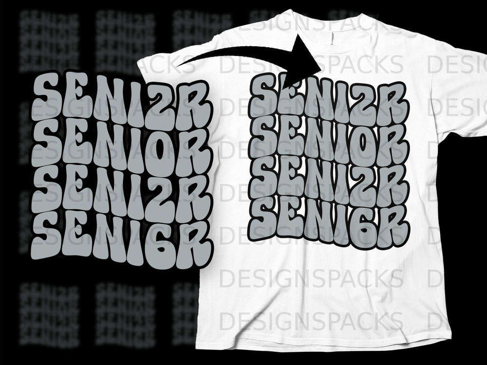 "SENIOR" repeatedly in grey bubble letters on a white t-shirt.