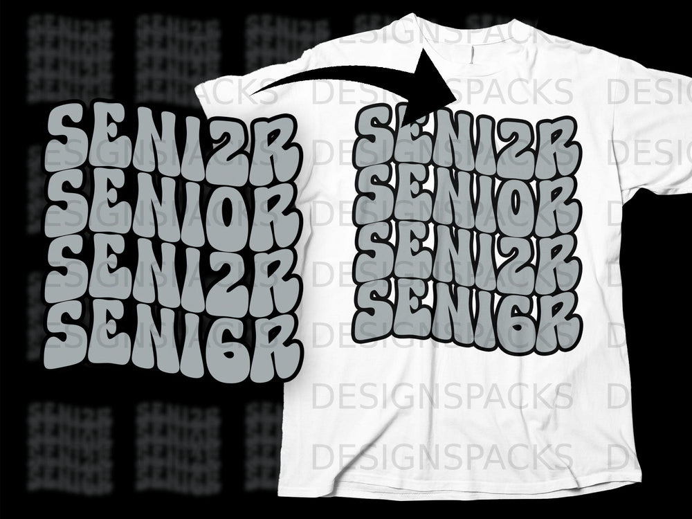 "SENIOR" repeatedly in grey bubble letters on a white t-shirt.