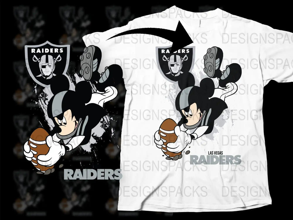 Mickey Mouse in Las Vegas Raiders football gear, holding ball, print-ready design for t-shirts