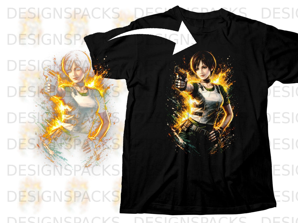 Black t-shirt with an anime-style woman holding a gun and surrounded by fiery effects.