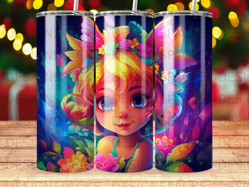 Colorful cartoon fairy with floral accents, against a dark, artistic background.