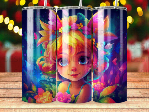 Colorful cartoon fairy with floral accents, against a dark, artistic background.