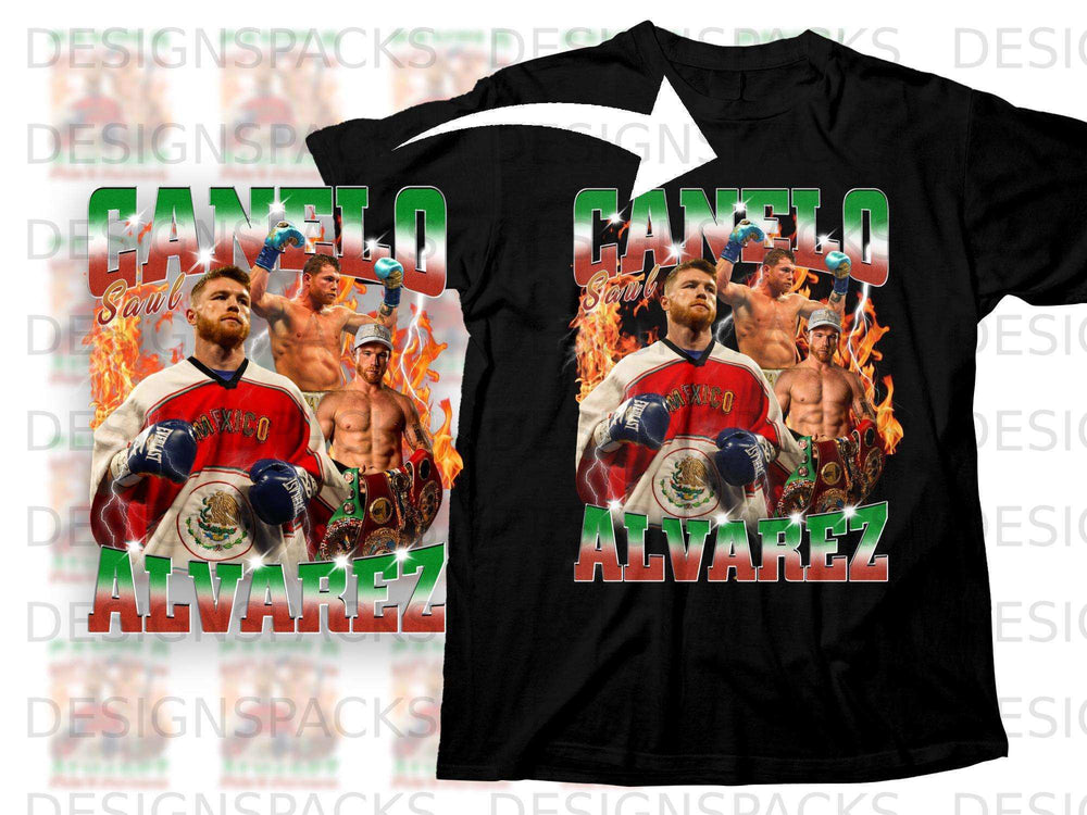 Canelo Alvarez boxing t-shirt featuring fighter image and "ALVAREZ" text.