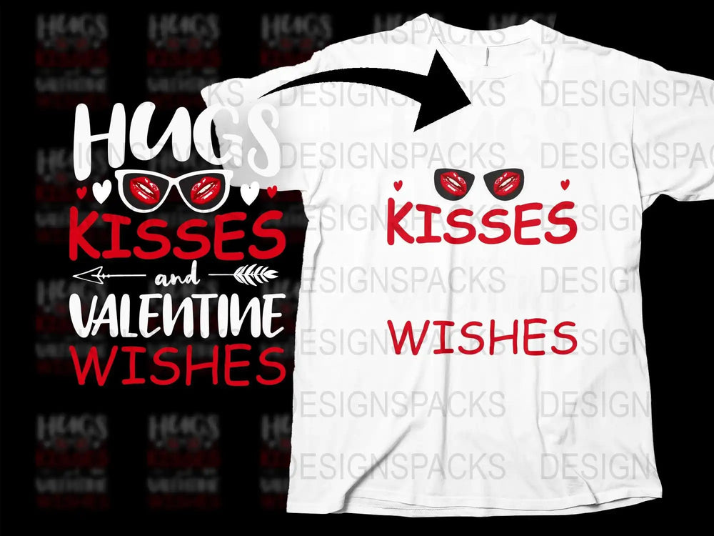 White t-shirt with 'Kisses Wishes' design, red lips, and heart accents for Valentine's Day