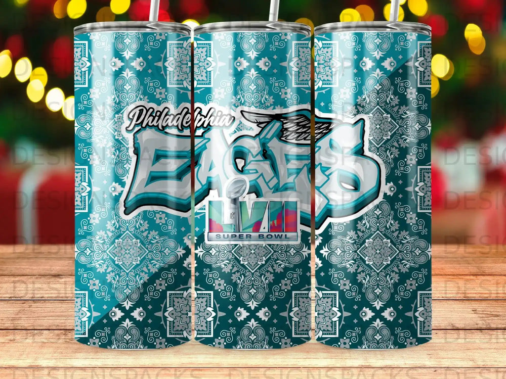 Philadelphia Eagles Super Bowl tumbler with teal bandana pattern.