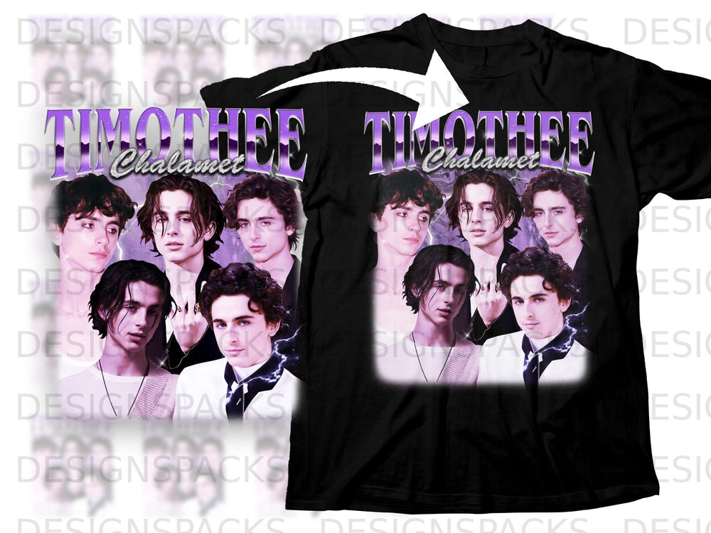 Black t-shirt with a collage of Timothée Chalamet portraits and purple text.