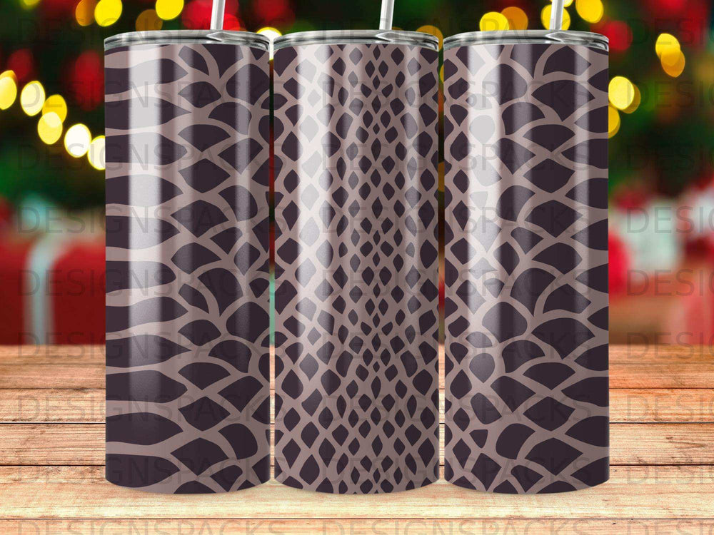 Three tumblers with a repeating brown and tan snake scale pattern.