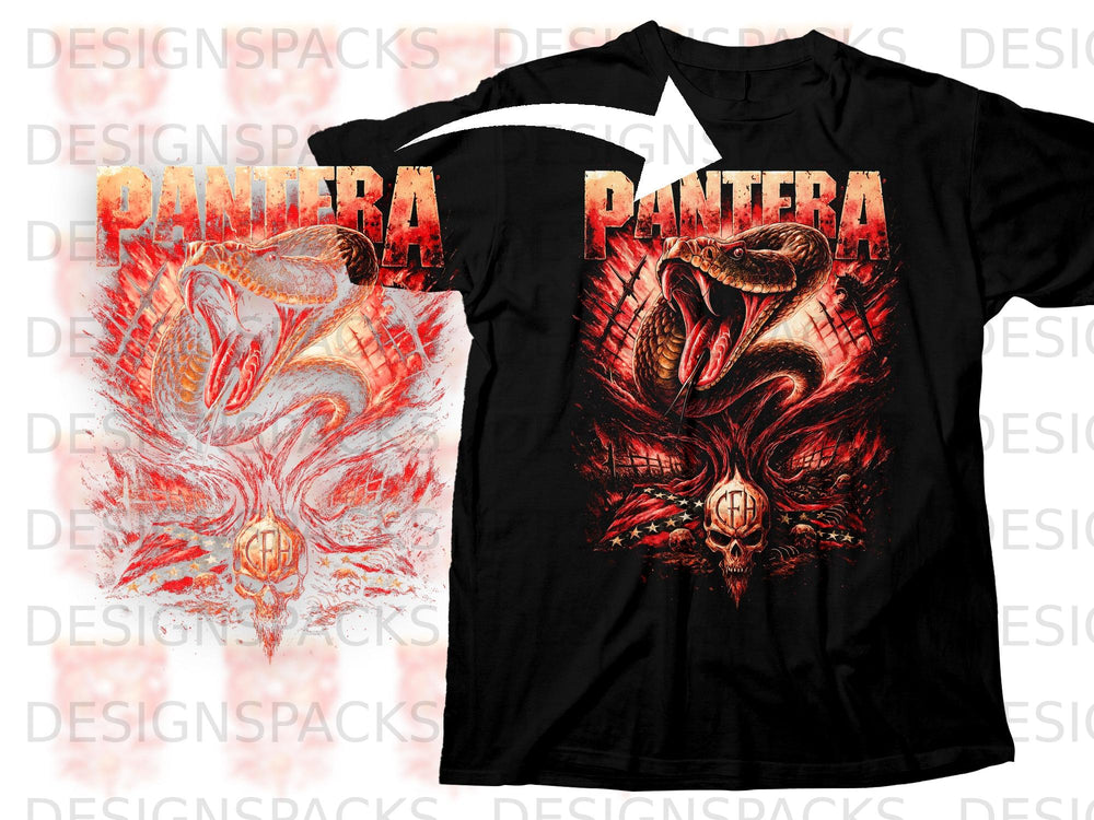 Black t-shirt with "PANTERA" logo, aggressive snake, and skull graphic.