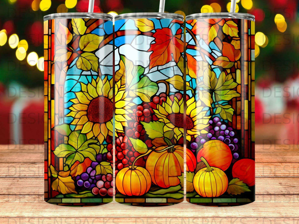 Stained glass pattern featuring sunflowers, pumpkins, grapes, and autumn leaves.