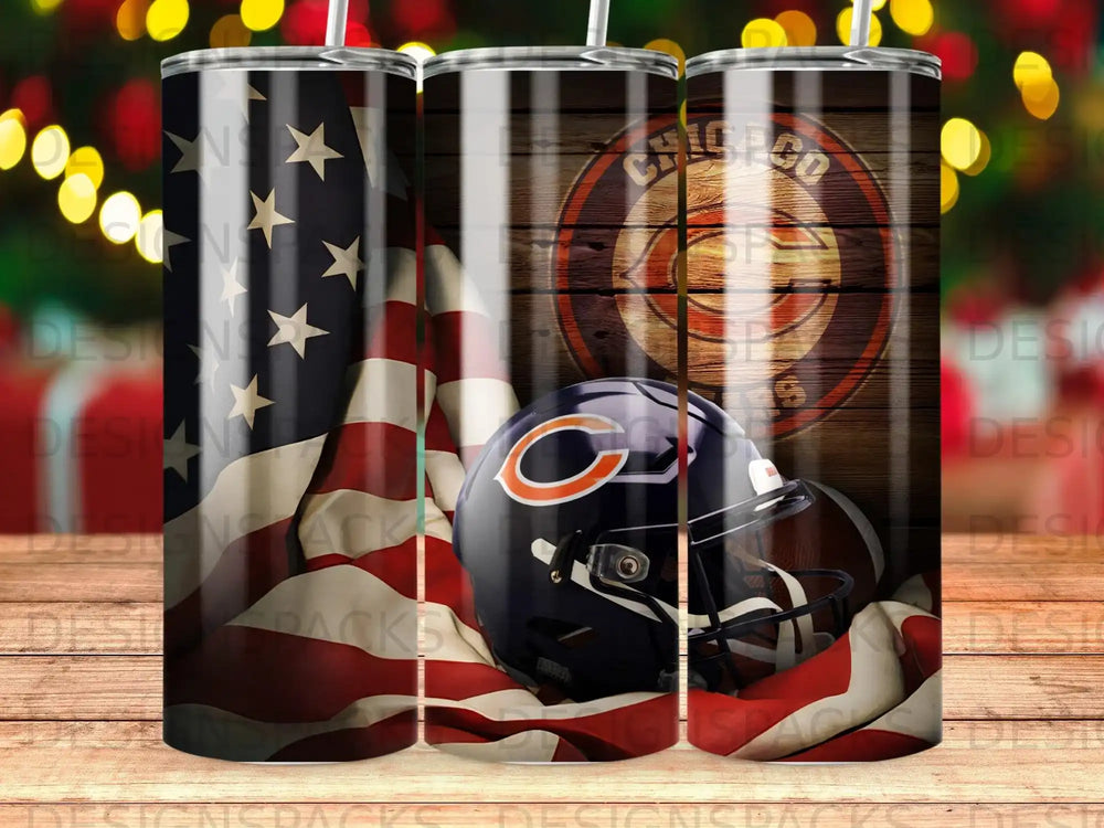 Chicago Bears helmet and football on American flag with wood background.