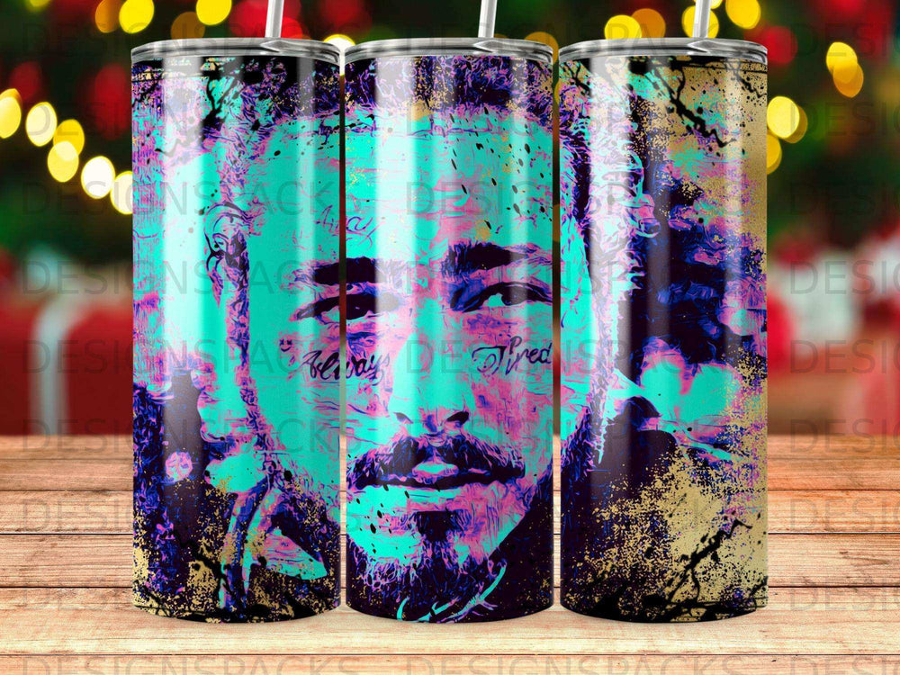 Tumbler featuring Post Malone with distressed texture and watercolor splashes.