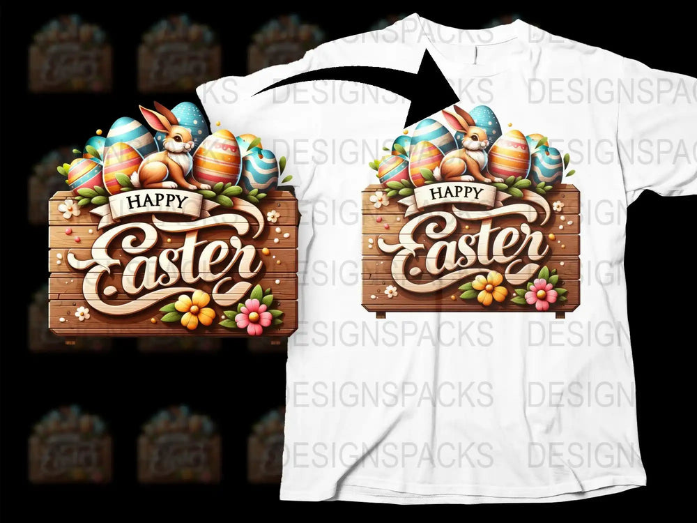 Happy Easter design with bunny, eggs, and flowers on a white t-shirt