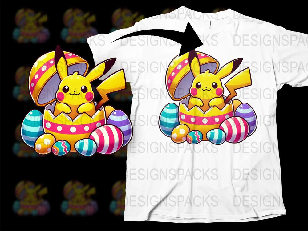 Pikachu Easter egg design on white t-shirt, colorful eggs, print-ready graphic