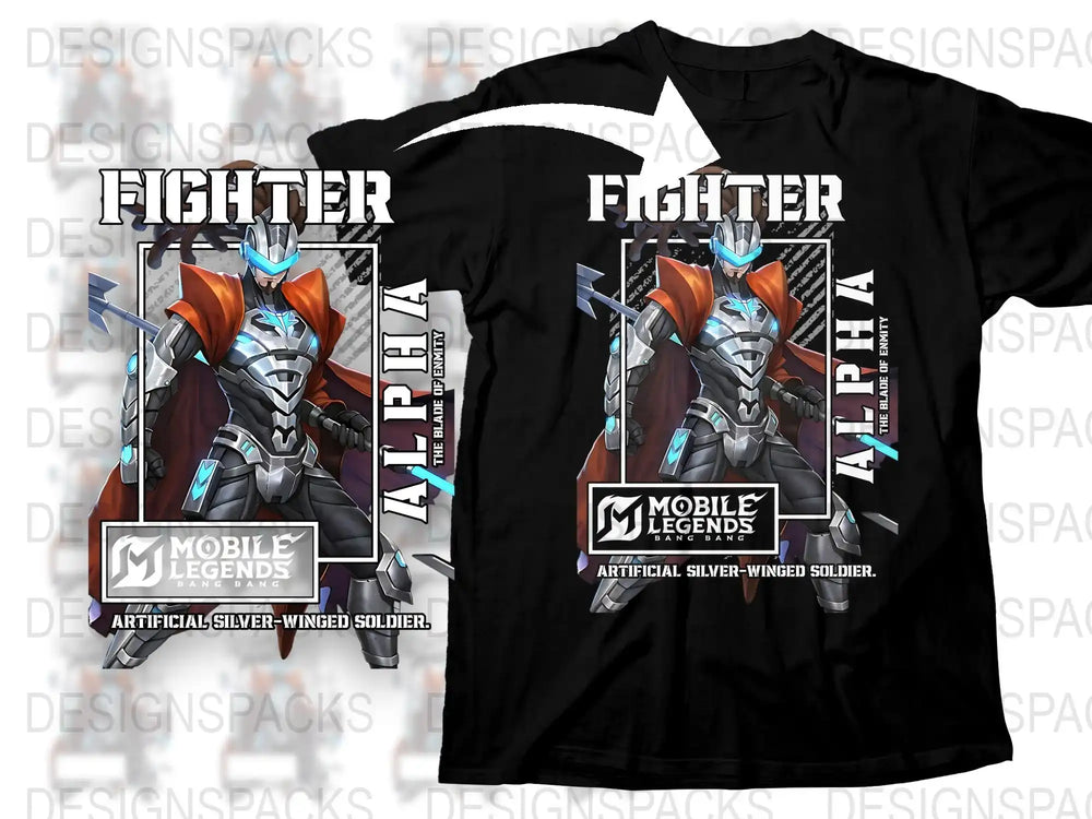 Mobile Legends Fighter T-Shirt, Silver-Winged Soldier Graphic Tee, Gamer Clothing, Unisex Black Cotton Shirt