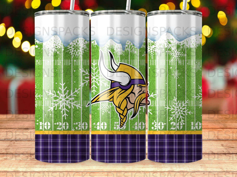 Minnesota Vikings logo on a snowflake and plaid patterned tumbler.