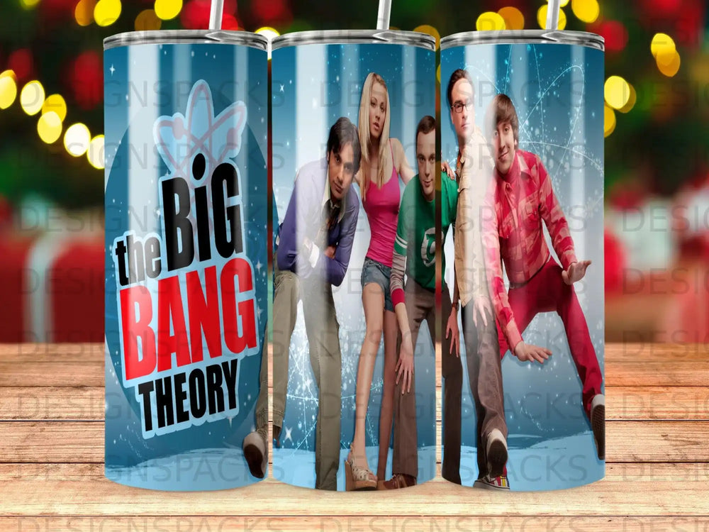 The Big Bang Theory cast on a blue starry background.