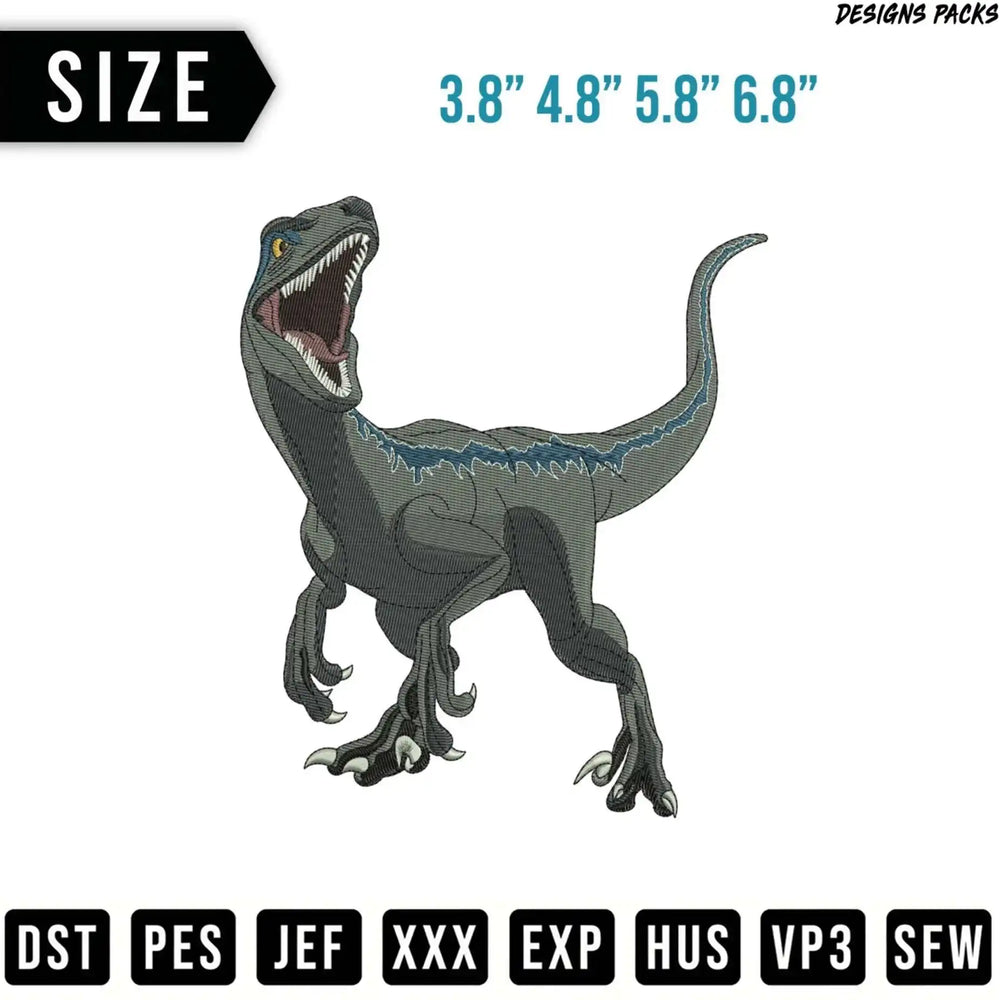 Blue Velociraptor dinosaur embroidery design with size and file format options.