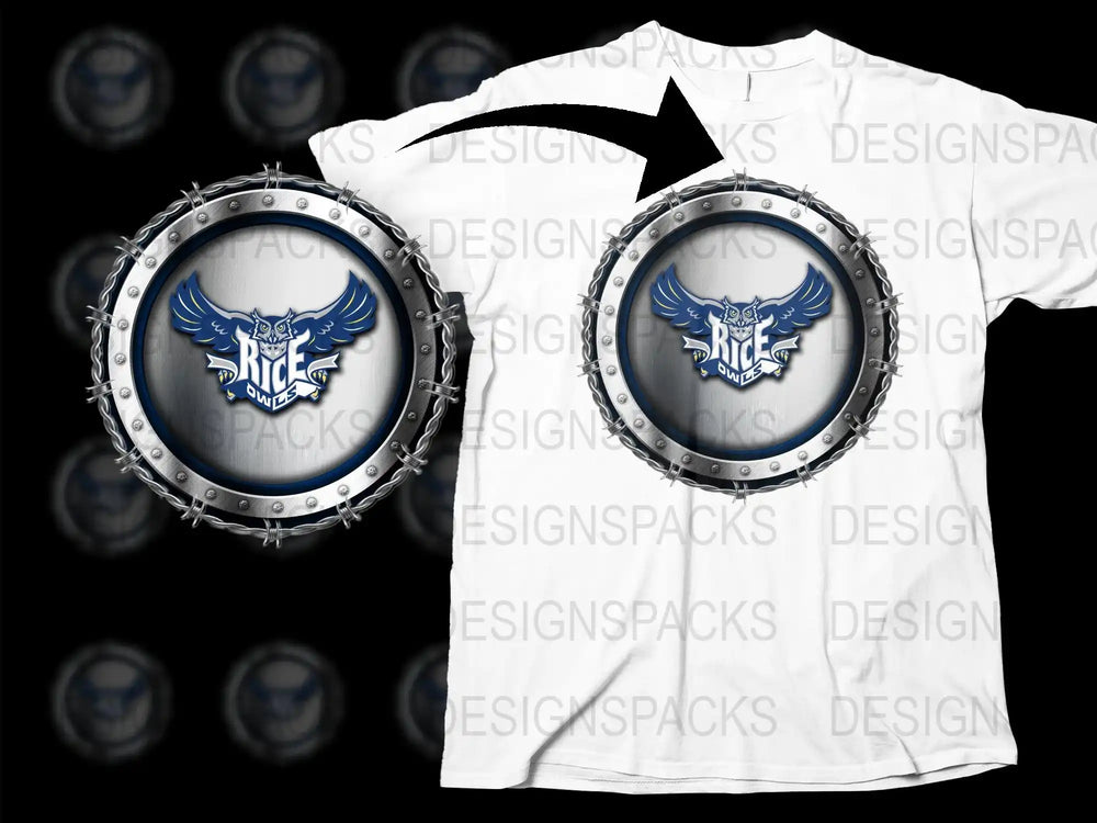Rice Owls sports logo design with blue owl in metallic frame, print-ready for t-shirts