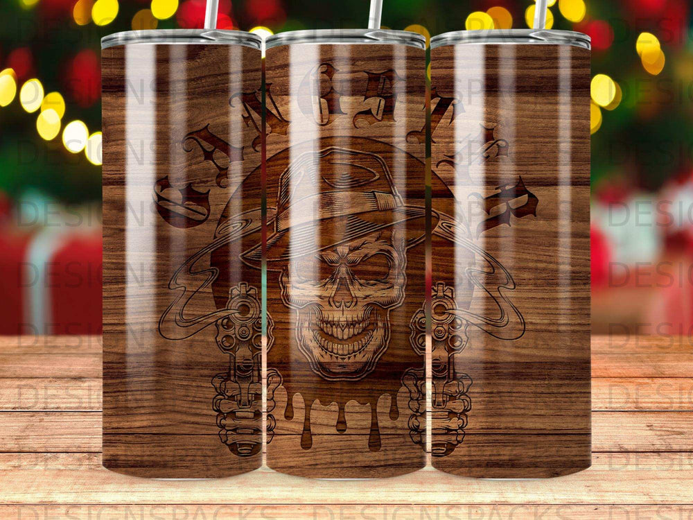 Wood grain tumbler with skull, hat, and crossed guns design.