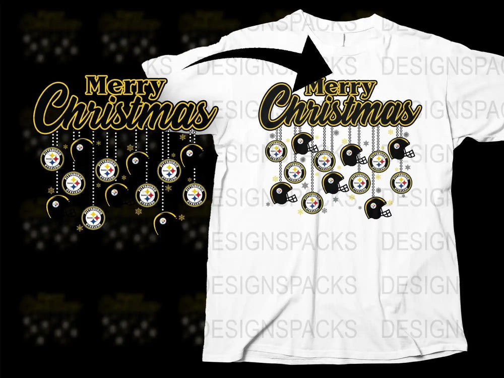 Pittsburgh Steelers Merry Christmas t-shirt design with helmets and logos, print-ready for DTG or DTF