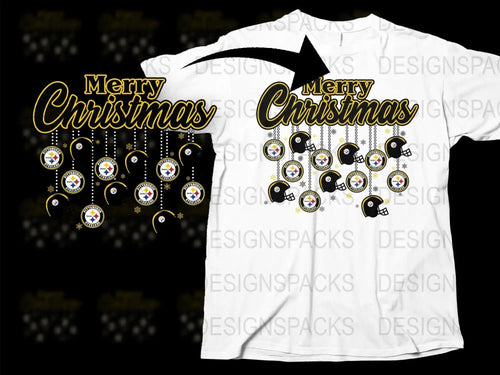 Pittsburgh Steelers Merry Christmas t-shirt design with helmets and logos, print-ready for DTG or DTF