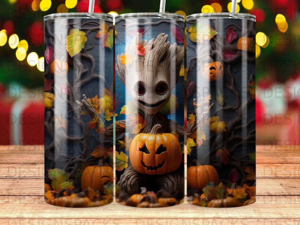 Halloween tumbler featuring Groot with pumpkins and fall leaves.