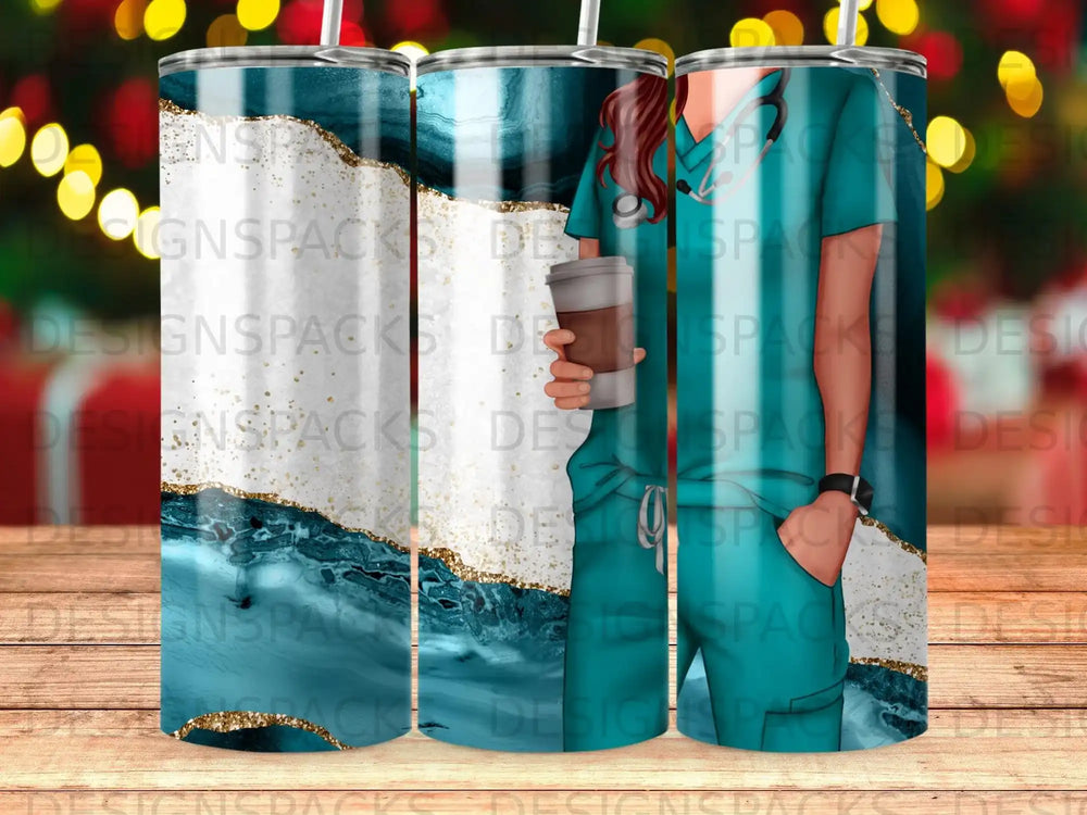 Nurse holding coffee cup, teal marble and gold tumbler design.