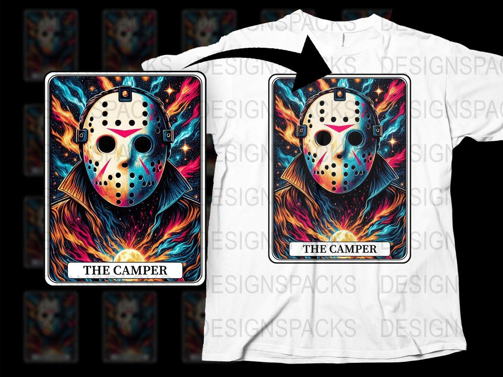 Horror Themed T-Shirt and Poster Set, 'The Camper' Jason Mask, Space Galaxy Design, Unique Graphic Tee and Print