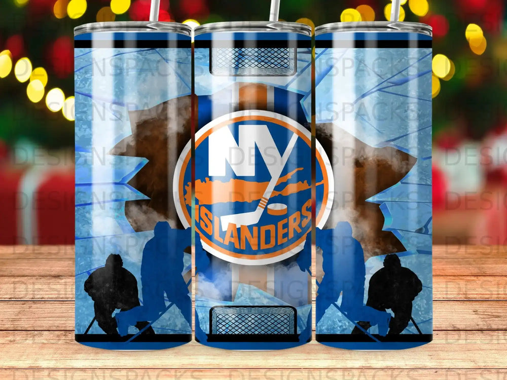New York Islanders logo on a tumbler with hockey players and net.