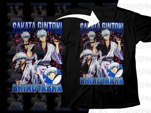 Sakata Gintoki Shiroiyasha anime t-shirt design with pink petals, print-ready for DTF DTG