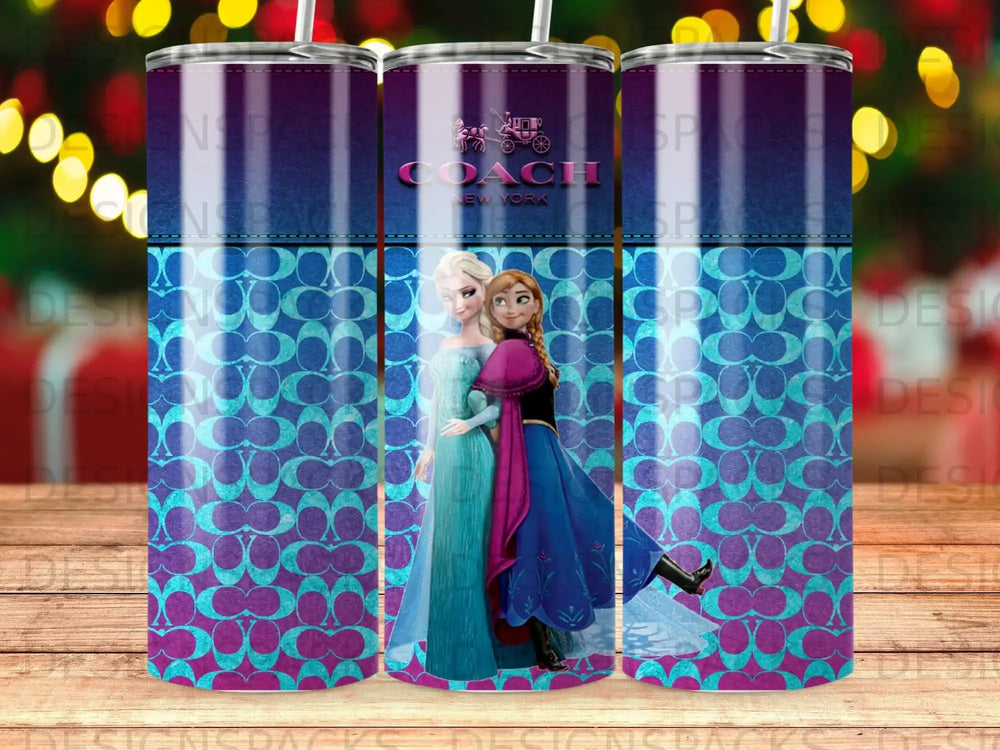 Coach New York logo with Anna and Elsa from Frozen, on a patterned tumbler.