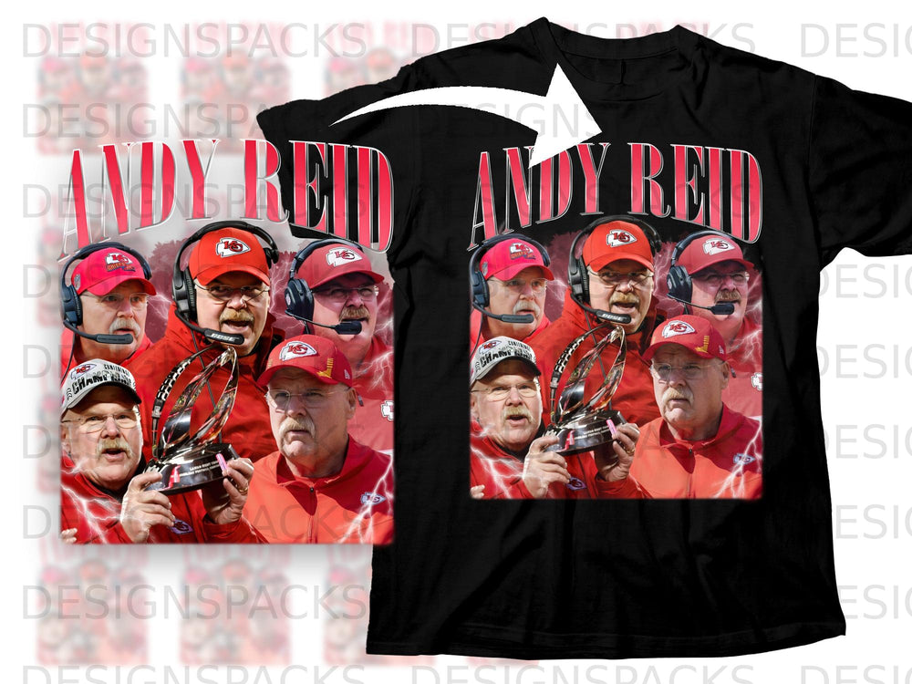 Andy Reid with championship trophy, on black t-shirt graphic.