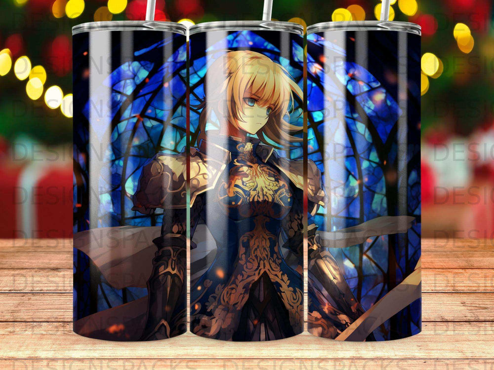 Anime character in golden armor with blue stained glass background.