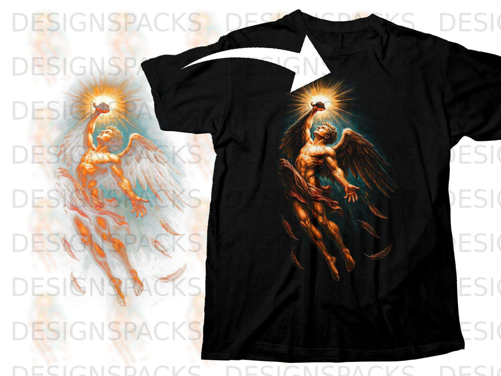 Black t-shirt with a winged angelic figure holding a bright light.