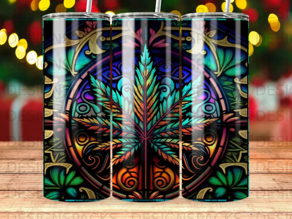 Stained glass pattern tumbler with cannabis leaf design.