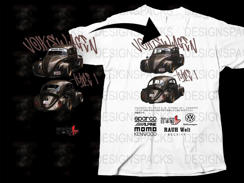 Volkswagen Type 1 RAUH-Welt Begriff t-shirt design with classic car graphics and brand logos for DTF/DTG printing