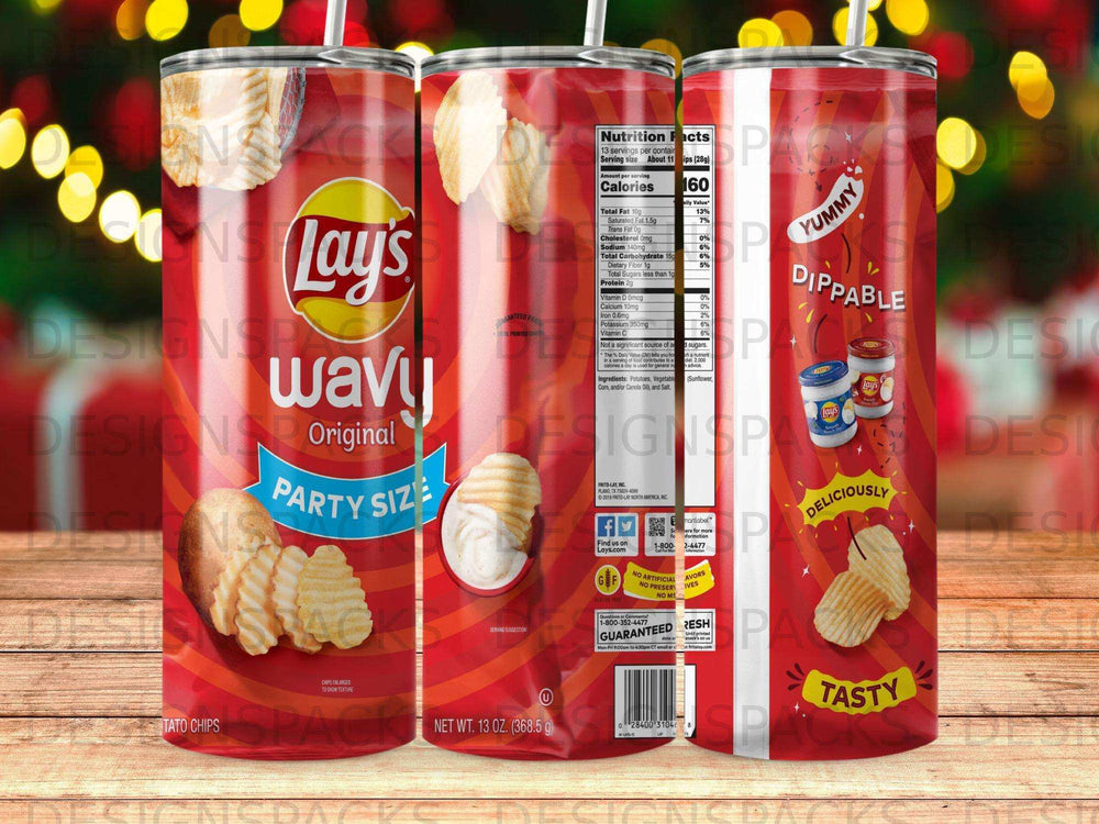 Lay's Wavy Original Potato Chips party size bag with nutrition facts and serving suggestions.