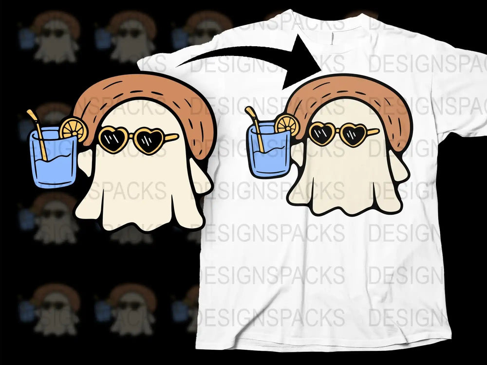 Cute Ghost Drinking Cocktail T-Shirt, Funny Summer Party Tee, Beach Holiday Graphic Shirt