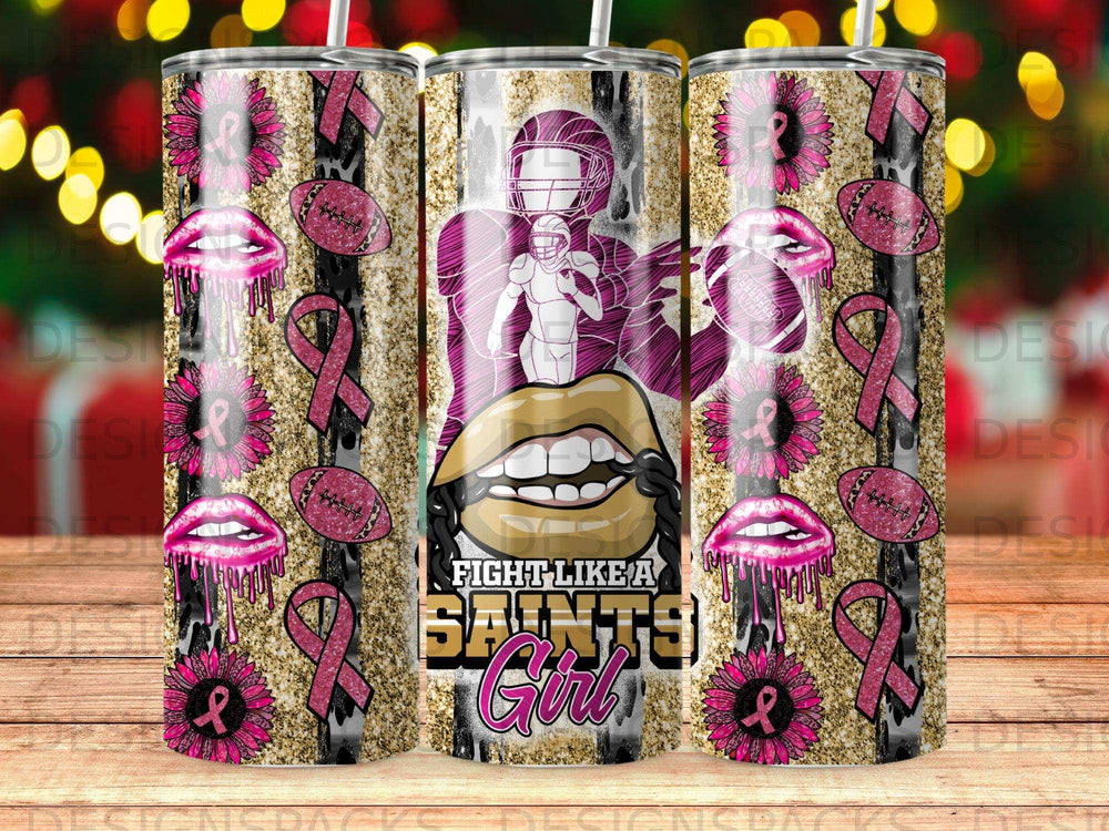 Tumbler with football player, lips, and pink ribbon design.