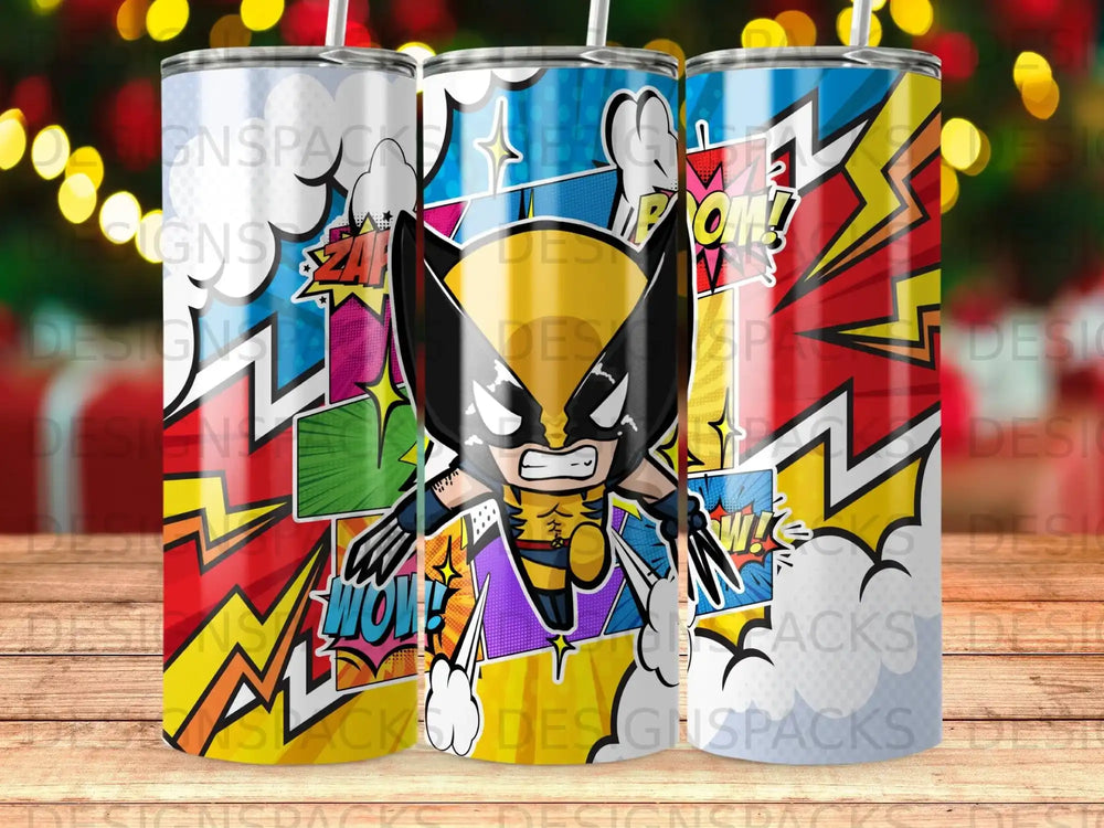 Wolverine in chibi style, comic book explosion background.