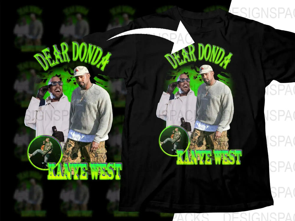 Kanye West 'Dear Donda' t-shirt design with vibrant green text and concert imagery