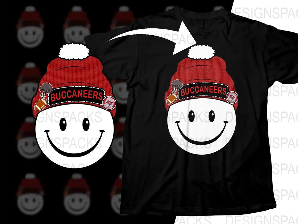 Buccaneers smiley face design on black t-shirt with red beanie and football elements
